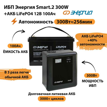 ИБП для котла Энергия Smart 2 300Вт + LiFePO4 Аккумулятор 12v 100Ah (300Вт - 256мин) - ИБП и АКБ - ИБП Энергия - ИБП для котлов отопления - . Магазин оборудования для автономного и резервного электропитания Ekosolar.ru в Находке