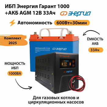 ИБП для котла Энергия Гарант 1000 + Аккумулятор 33 Ач 12 В (600Вт - 30мин) - ИБП и АКБ - ИБП для котлов - . Магазин оборудования для автономного и резервного электропитания Ekosolar.ru в Находке