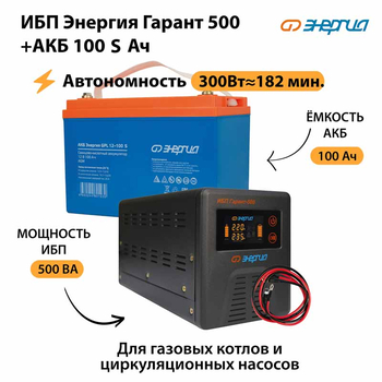 ИБП Энергия Гарант 500 + Аккумулятор S 100 Ач - 12В (300Вт - 182мин) - ИБП и АКБ - ИБП для котлов - . Магазин оборудования для автономного и резервного электропитания Ekosolar.ru в Находке