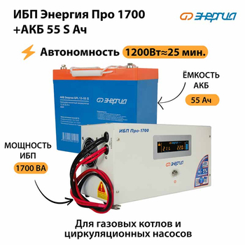 ИБП Энергия Про 1700 + Аккумулятор S 55 Ач - 12В (1200Вт - 25мин) - ИБП и АКБ - ИБП для котлов - . Магазин оборудования для автономного и резервного электропитания Ekosolar.ru в Находке