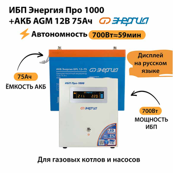 ИБП для котла Энергия Про 1000 + Аккумулятор 75 Ач 12 В (700Вт - 59мин) - ИБП и АКБ - ИБП для котлов - . Магазин оборудования для автономного и резервного электропитания Ekosolar.ru в Находке