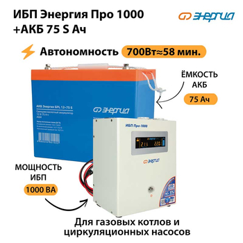 ИБП Энергия Про 1000 + Аккумулятор S 75 Ач - 12В (700Вт - 59мин) - ИБП и АКБ - ИБП для котлов - . Магазин оборудования для автономного и резервного электропитания Ekosolar.ru в Находке