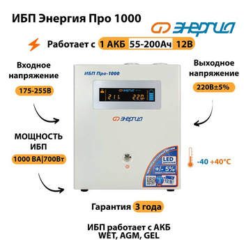 Энергия ИБП Про 1000 12В - ИБП и АКБ - ИБП для котлов - . Магазин оборудования для автономного и резервного электропитания Ekosolar.ru в Находке
