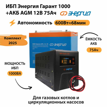 ИБП для котла Энергия Гарант 1000 + Аккумулятор 75 Ач 12 В (600Вт - 68мин) - ИБП и АКБ - ИБП для котлов - . Магазин оборудования для автономного и резервного электропитания Ekosolar.ru в Находке