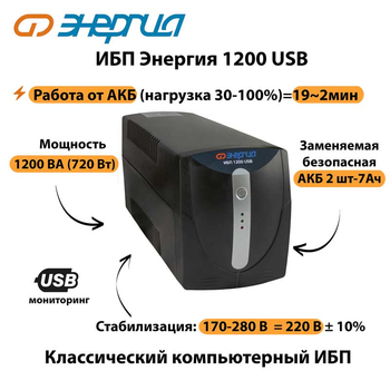 Энергия ИБП 1200 USB - ИБП и АКБ - ИБП для компьютера - . Магазин оборудования для автономного и резервного электропитания Ekosolar.ru в Находке