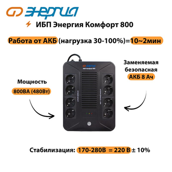 ИБП Комфорт 800 Энергия - ИБП и АКБ - ИБП для компьютера - . Магазин оборудования для автономного и резервного электропитания Ekosolar.ru в Находке
