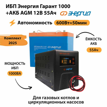 ИБП для котла Энергия Гарант 1000 + Аккумулятор 55 Ач 12 В (600Вт - 50мин) - ИБП и АКБ - ИБП для котлов - . Магазин оборудования для автономного и резервного электропитания Ekosolar.ru в Находке