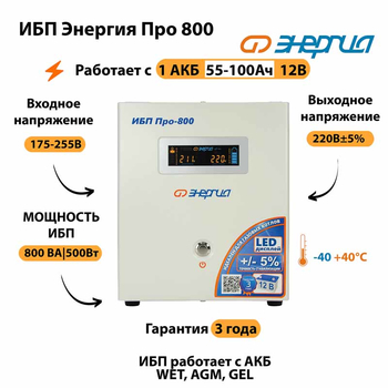 Энергия ИБП Про 800 12В - ИБП и АКБ - ИБП для котлов - . Магазин оборудования для автономного и резервного электропитания Ekosolar.ru в Находке