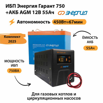 ИБП для котла Энергия Гарант 750 + Аккумулятор 55 Ач 12 В (450Вт - 67мин) - ИБП и АКБ - ИБП для котлов - . Магазин оборудования для автономного и резервного электропитания Ekosolar.ru в Находке