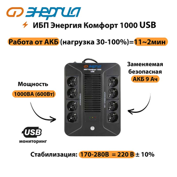 ИБП Комфорт 1000 USB Энергия - ИБП и АКБ - ИБП для компьютера - . Магазин оборудования для автономного и резервного электропитания Ekosolar.ru в Находке