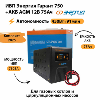 ИБП для котла Энергия Гарант 750 + Аккумулятор 75 Ач 12 В (450Вт - 91мин) - ИБП и АКБ - ИБП для котлов - . Магазин оборудования для автономного и резервного электропитания Ekosolar.ru в Находке