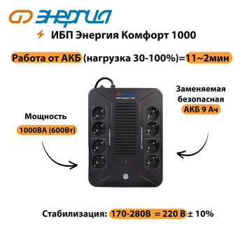 ИБП Комфорт 1000 Энергия - ИБП и АКБ - ИБП для компьютера - . Магазин оборудования для автономного и резервного электропитания Ekosolar.ru в Находке