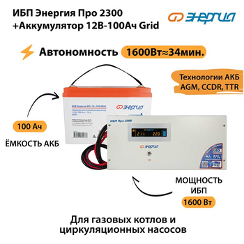 ИБП для котла Энергия Про 2300 + Аккумулятор Grid 100 Ah 12 v (1600Вт - 34мин) - ИБП и АКБ - ИБП для котлов - . Магазин оборудования для автономного и резервного электропитания Ekosolar.ru в Находке